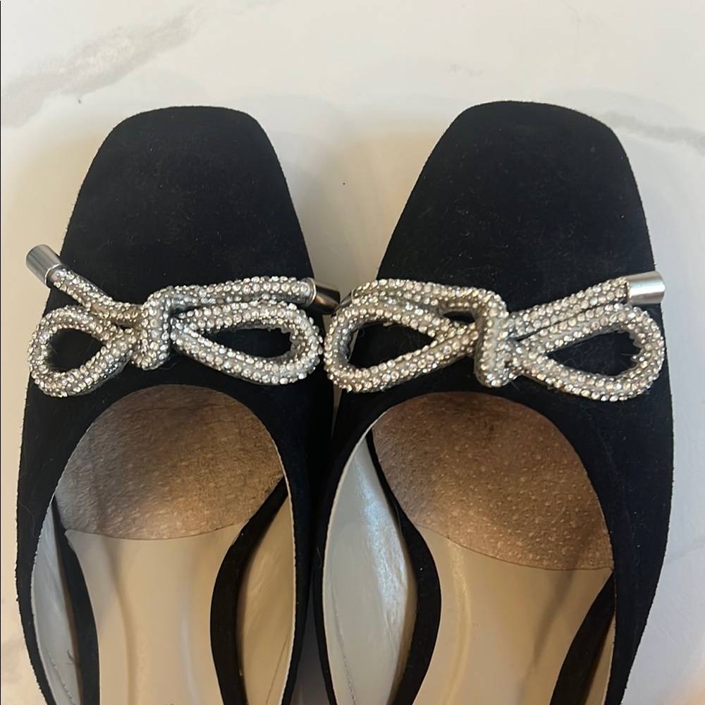 Anthropologie Black Suede Slingback Mules with Rhinestone Bow - Picture 4 of 4